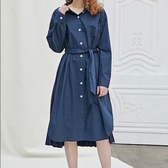 Midi Pleated Shirt Belt Navy Dress - NEW - Picture 3 of 8